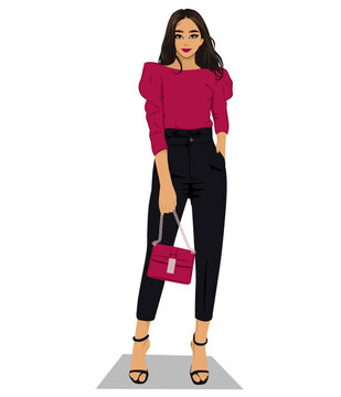 model posing with purse full woman in pink illustration
