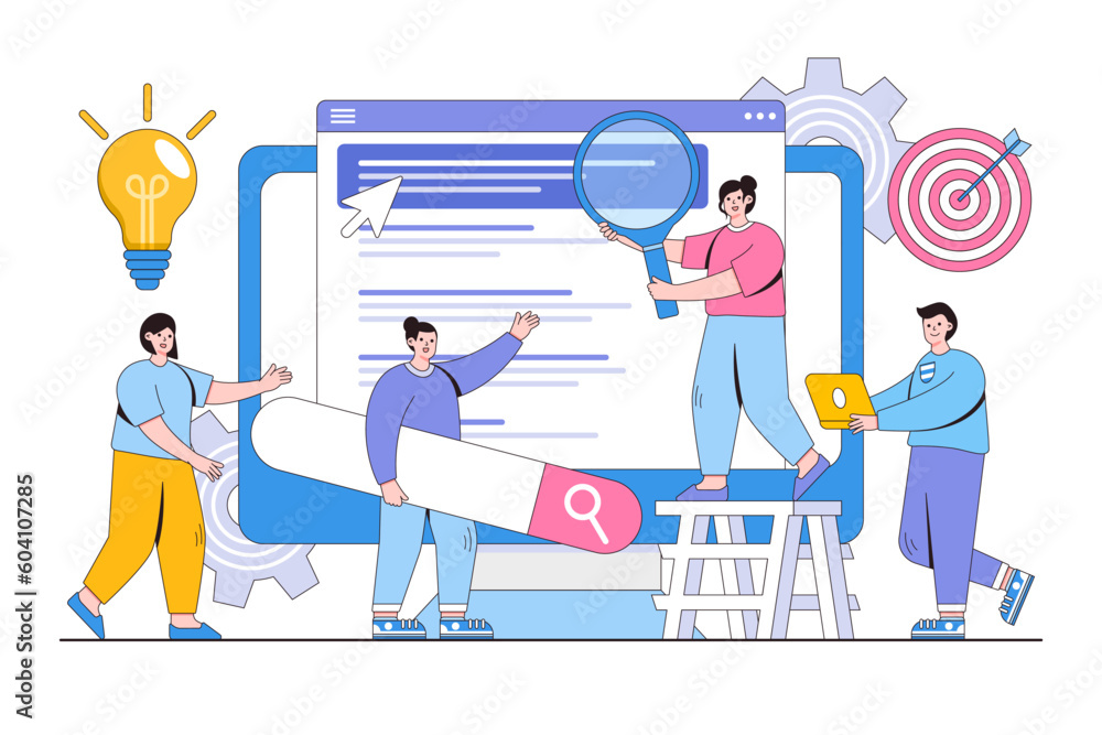 Poster vector illustration of web site development, teamwork, website coding, seo and search engine with pe