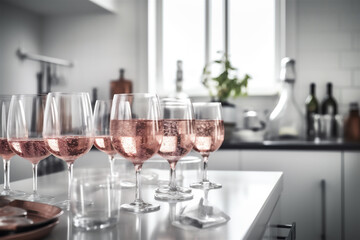 Closeup glasses of pink champagne, on a dining table