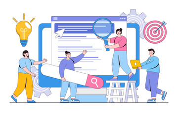 Vector illustration of web site development, teamwork, website coding, SEO and search engine with people characters