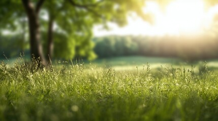 Fototapeta premium Beautiful outdoor field with grass and trees in the sun. Blurred background landscape image of spring nature. Bright gorgeous sunny day. Generative AI.