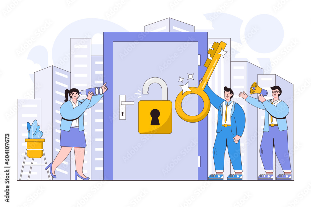 Poster vector illustration of business people characters open door using key and unlock padlock to improvin