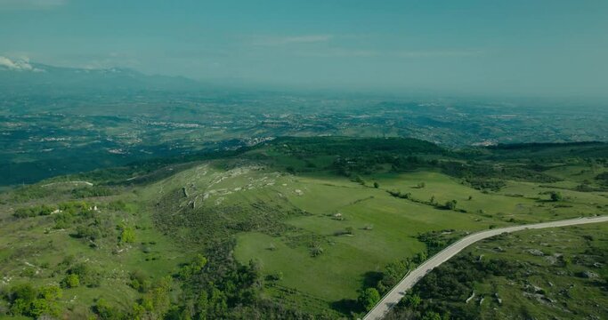 Aerial of the green countryside of the Abruzzo mountains