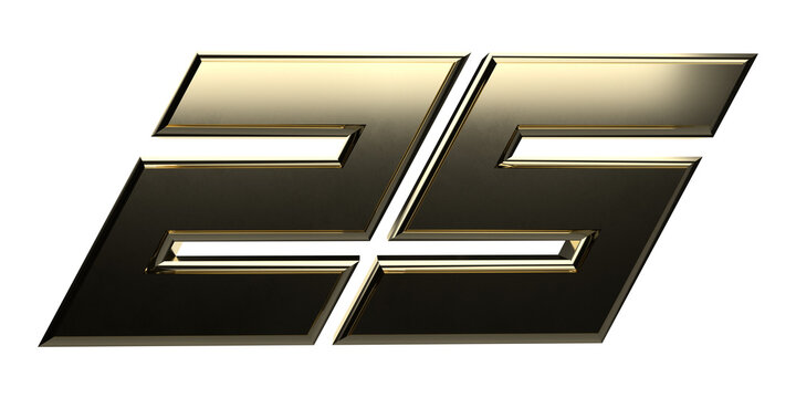 Isolated Logo of Silver Jubilee Anniversary. Gold Metallic Three Dimensional Alphabet 25. 3D Render Illustration.