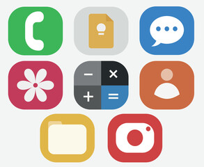 Icons for mobile phone. Logos for documents, calls, photos, contacts, calculator, notes.