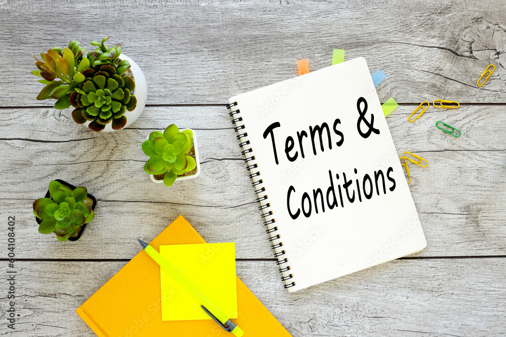 Poster light background. white keyboard and potted plants. terms and conditions text on notepad