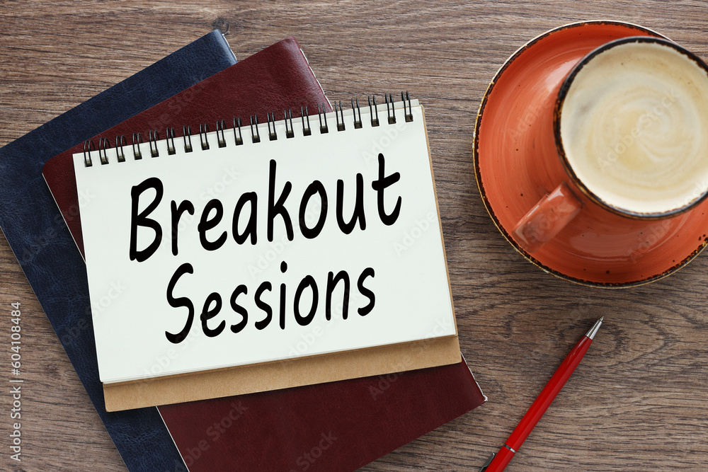 Aufkleber open notepad with spring. a cup of coffee. text breakout session