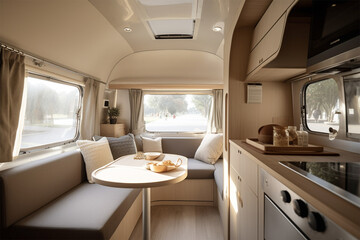 Modern luxury caravan interior.Sunny day.Nobody.Created with generative ai