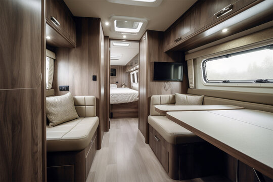 Modern luxury caravan interior.Sunny day.Nobody.Created with generative ai