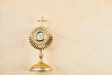 Ostensory for worship for Catholic church ceremony. Corpus christi.
