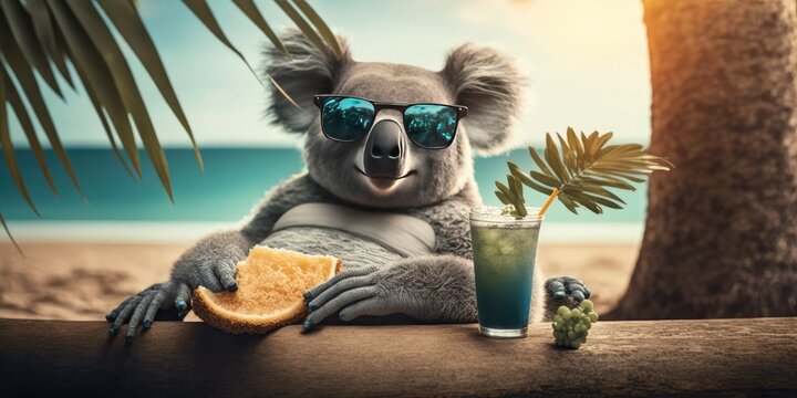 koala is on summer vacation at seaside resort and relaxing on summer beach Generative AI