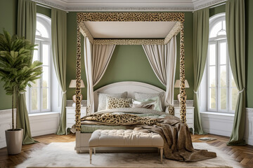 Fototapeta premium Modern cozy bedroom, classic interior design with pastel colors and animal leopard print. Super photo realistic background, generative ai illustration