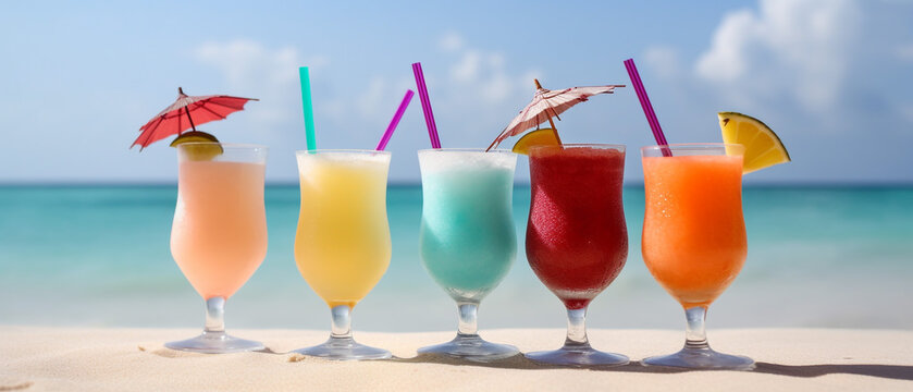 cocktail on sand with tropical beach background created with generative AI