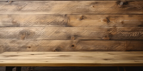 Wooden table template, desk mock-up. Wood background wall, wooden showcase stage for product. Generative AI professional photo imitation.