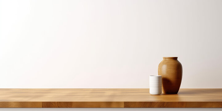 Empty Wooden table template in minimal style, desk mock-up. White background wall, wooden showcase stage for product. Generative AI professional photo imitation.
