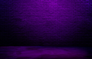 dark black brick wall background, rough concrete, plastered concrete floor, with neon purple glowing lights from above. lighting effect violet and blue on empty brick wall background for design.
