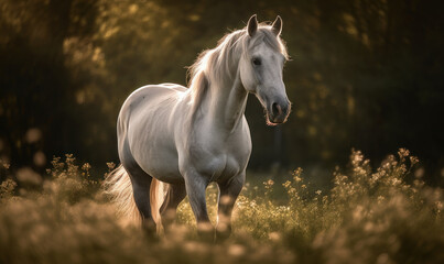 Obraz na płótnie Canvas Photo of Lipizzaner, majestically prancing through sun-kissed meadow, with its long, flowing mane & tail catching the gentle breeze showcasing horse's powerful muscles and elegant form. Generative AI
