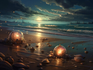 A Surreal Illustration of a Moonlit Beach with Glowing Seashells | Generative AI