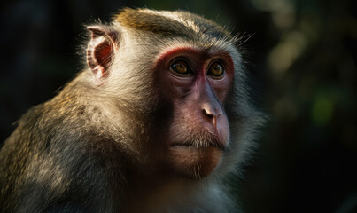 Obraz premium Photo of macaque, captured in its natural habitat showcasing its playful and curious nature, set against the lush greenery of its natural surroundings. Generative AI