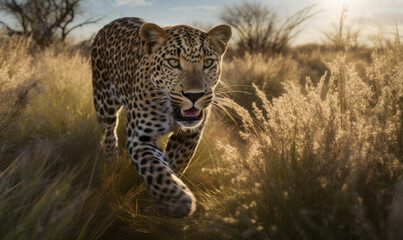photo of leopard running in tall grass at sunset. Generative AI