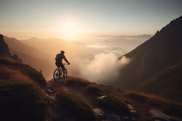 Obraz na płótnie Canvas MTB bike ride on mountains trial. Active and adventure man on bike. Generative AI