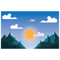 landscape illustration natural scenery background with hills,sky,moon,clouds,sun pine lake
