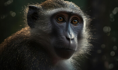 Obraz premium closeup photo of mangabey on blurry bokeh jungle background. Generative AI