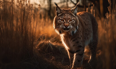 Naklejka premium photo of lynx in tall grass at sunset. Generative AI
