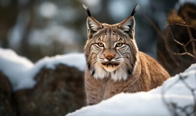 Obraz premium Lynx in the Snow: Photo of lynx, poised and alert on a snow-covered rocky outcropping, with piercing yellow eyes fixed on potential prey. Generative AI