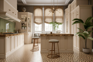 Modern cozy kitchen, classic interior design with pastel colors and animal leopard print. Super photo realistic background, generative ai illustration
