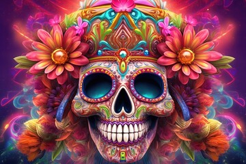 The background has a Mexican skull mask for Cinco de Mayo. (Generative AI)