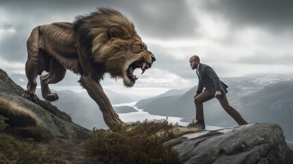 A Brave businessman facing a big lion Generative AI AIG18. - obrazy, fototapety, plakaty