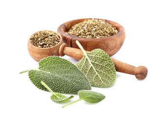 Sage leaves isolated on white background cutout. Close up studio shot of fresh green sage herb leaves isolated on white background. Sage fresh and dry in wooden spoon.