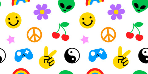 Colorful funny happy face label seamless pattern. Trendy 90s retro sticker cartoon background. Weird comic character texture print, repeatable Y2K wallpaper.