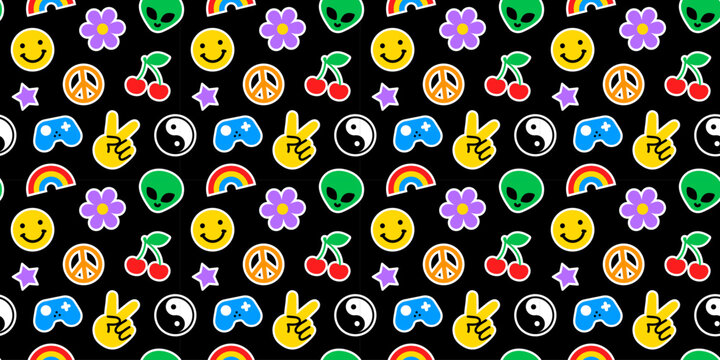 Naklejka Colorful funny happy face label seamless pattern. Trendy 90s retro sticker cartoon background. Weird comic character texture print, repeatable Y2K wallpaper.