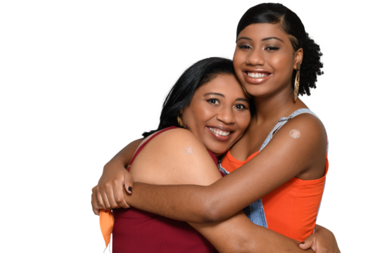 vaccine, mother and daughter hug and smile happily without face mask after being vaccinated, skin to skin, being healthy