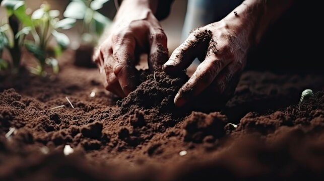 Gardeners hands planting and picking vegetable from backyard garden. Gardener in gloves prepares the soil for seedling. Generative AI