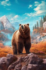 Brown bear in nature at mountain valley. Generative AI
