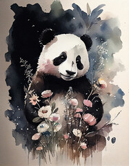 cute watercolor panda with pink flowers. Generative AI
