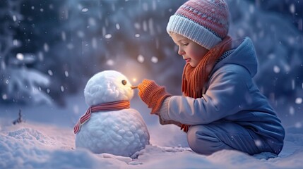 Cute little boy in earflaps hat is making a snowman. Generative AI