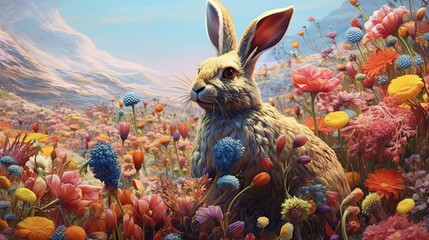 Bunny in field of wild flowers. Generative AI