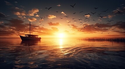 Boat silhouette is floating on a calm sea and seagulls are flying on twilight sky. Generative AI