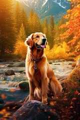 Golden Retriever in nature at mountain valley. Generative AI