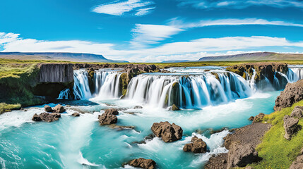 Beautiful vibrant summer panorama picture with a view on icelandic waterfall. Generative Ai - obrazy, fototapety, plakaty
