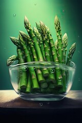 Fresh asparagus. Bunches of pickled green asparagus in basket. Generative AI