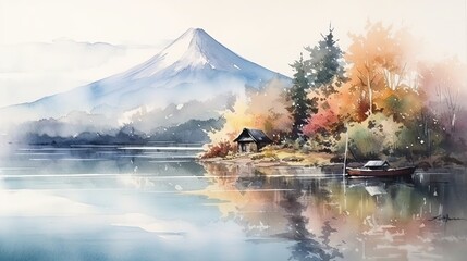 Fototapeta premium Beautiful scenic landscape of mountain Fuji with reflection on Shoji lake. Travel and twilight camping. Generative AI
