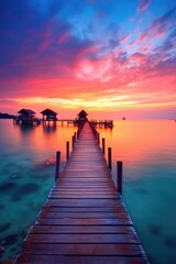 Fototapeta premium View of sunset into the calm ocean with twilight sky. Generative AI