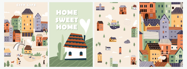 Cute houses, city buildings vector illustration. Cosy town landscape