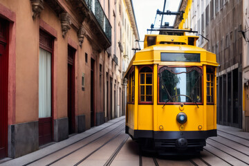 Fototapeta na wymiar Digital photo of an old yellow tram on a Lisbon street. Travel concept. Generative AI