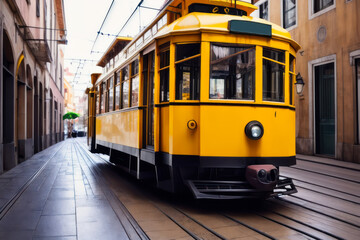 Naklejka na ściany i meble Digital photo of an old yellow tram on a Lisbon street. Travel concept. Generative AI